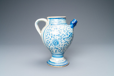 A blue and white Antwerp maiolica 'a foglie' wet drug jar, mid 16th C.