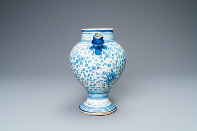 A blue and white Antwerp maiolica 'a foglie' wet drug jar, mid 16th C.