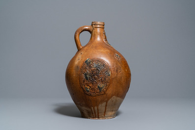 A German cobalt-splashed stoneware bellarmine jug, Frechen, 17th C.