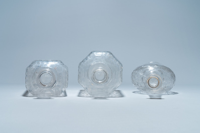 Three weel-cut glass bottles, probably Liege, 18/19th C.