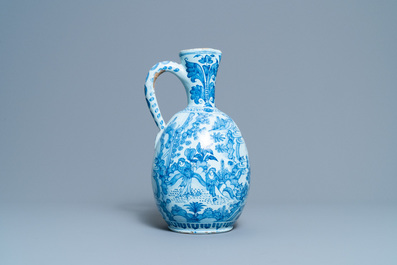 A large Dutch Delft blue and white chinoiserie ewer, 17th C.