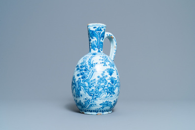 A large Dutch Delft blue and white chinoiserie ewer, 17th C.