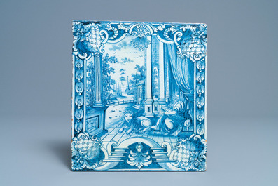 Two blue and white German stove tiles with biblical scenes, Nuremberg, 18th C.