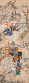 Ecole chinoise, encre et couleurs sur papier: 'Cinq sc&egrave;nes de chasse', 19&egrave;me