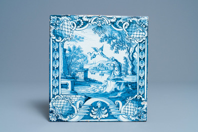 Two blue and white German stove tiles with biblical scenes, Nuremberg, 18th C.