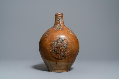 A German cobalt-splashed stoneware bellarmine jug, Frechen, 17th C.