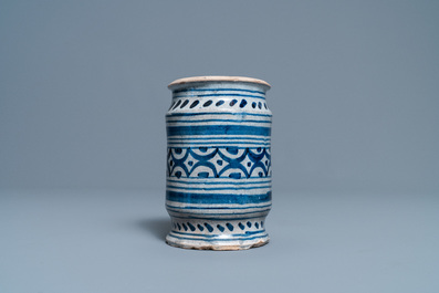 A blue and white maiolica albarello, Northern Netherlands, early 17th C.