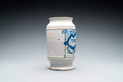 A blue and white Brussels faience albarello type drug jar, 18th C.