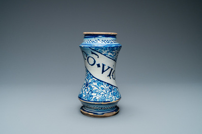 A blue and white Antwerp maiolica 'a foglie' albarello, mid 16th C.