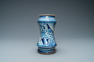 A blue and white Antwerp maiolica 'a foglie' albarello, mid 16th C.