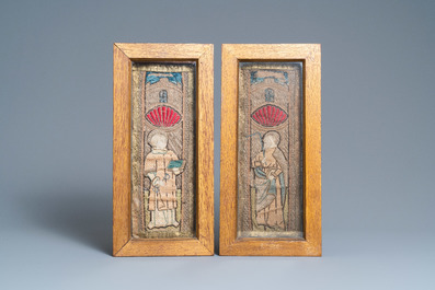 Three linen, silk- and silverthread orphrey fragments depicting Saint Agricola of Bologna, Saint Leonard and Saint Thomas, early 16th C.