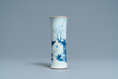 A Chinese blue and white sleeve vase with birds among blossoming branches, Transitional period