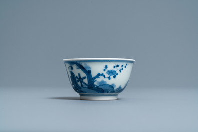 Two Japanese blue and white Arita plates and a cup and saucer, Edo, 17/18th C.