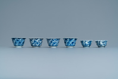 Six Chinese blue and white cups and saucers and eleven miniature vases, Kangxi