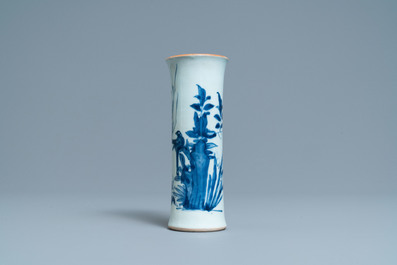 A Chinese blue and white sleeve vase with birds among blossoming branches, Transitional period