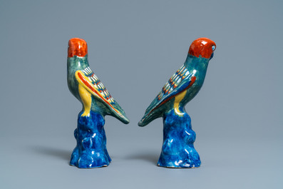 A pair of polychrome Dutch Delft models of parrots, 18th C.