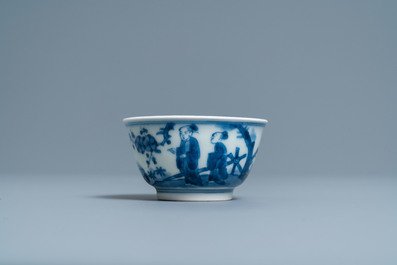 Two Japanese blue and white Arita plates and a cup and saucer, Edo, 17/18th C.