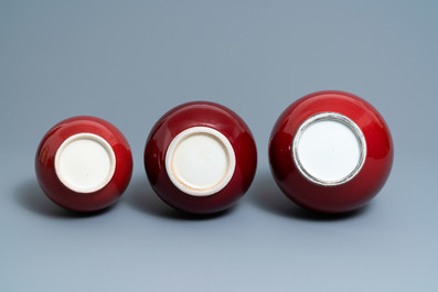 Three Chinese monochrome sang de boeuf-glazed bottle vases, 19/20th C.