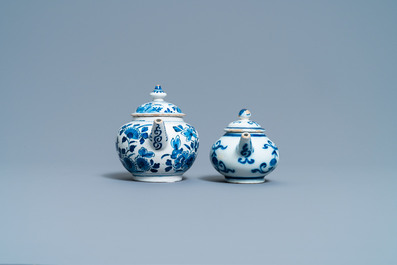 Two Dutch Delft blue and white teapots and covers, 18th C.