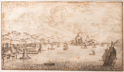 Italiaanse school, 17e eeuw, inkt op papier: Zicht op de baai van Napels