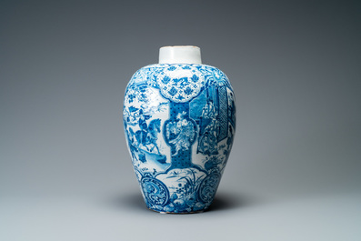 An exceptional and large Dutch Delft blue and white chinoiserie vase, 17/18th C.