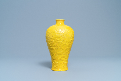 A Chinese relief-molded monochrome yellow 'meiping' 'dragon' vase, Republic