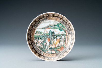 A Chinese famille rose 'harvesting' cup and saucer, Yongzheng