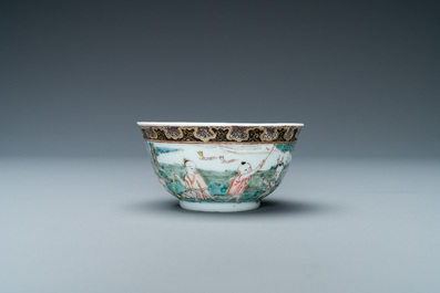 A Chinese famille rose 'harvesting' cup and saucer, Yongzheng