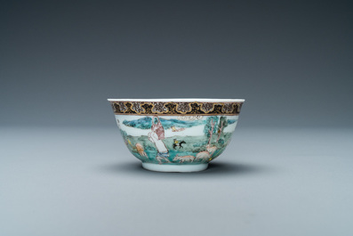 A Chinese famille rose 'harvesting' cup and saucer, Yongzheng