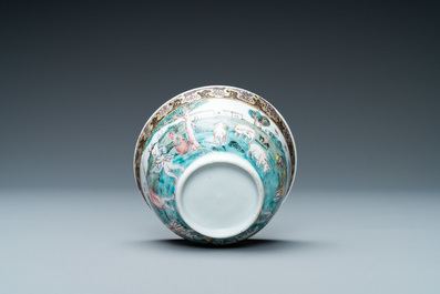 A Chinese famille rose 'harvesting' cup and saucer, Yongzheng