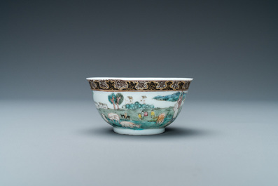 A Chinese famille rose 'harvesting' cup and saucer, Yongzheng