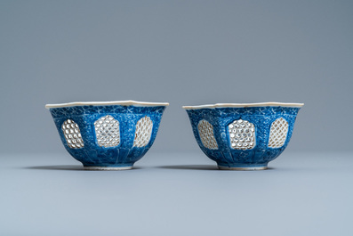 A pair of Chinese blue and white reticulated octagonal bowls, Kangxi