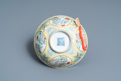 Een Chinese famille rose kom met gele sgraffito fondkleur, Daoguang merk en periode