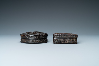 Two Chinese Canton tortoise veneer covered boxes, 19th C.