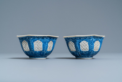 A pair of Chinese blue and white reticulated octagonal bowls, Kangxi