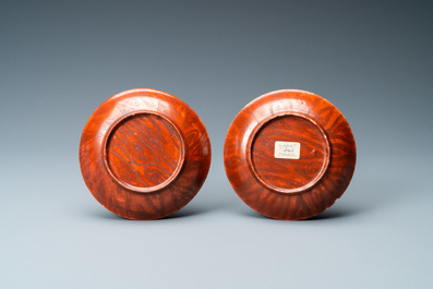 A pair of Chinese famille rose 'faux-bois' cups and saucers, Yongzheng/Qianlong