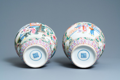 A pair of Chinese famille rose yellow-ground vases and covers, Qianlong mark, Republic