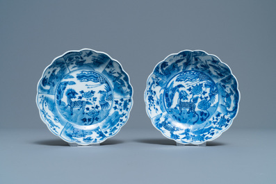 Five Chinese blue and white dishes, a bowl and a covered jar, 18/19th C.