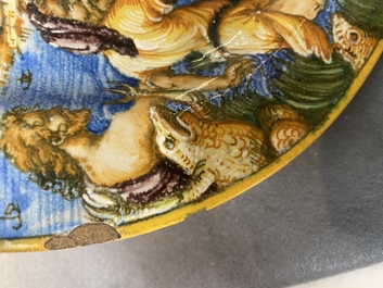 An Italian maiolica mythological subject 'Latona and the Frogs' dish, Urbino, 16th C.