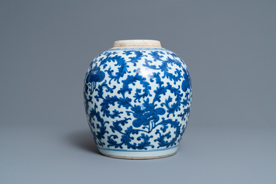 A Chinese blue and white jar with floral design, Kangxi