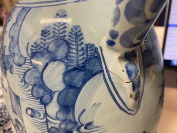 A large Dutch Delft blue and white chinoiserie ewer, 17th C.