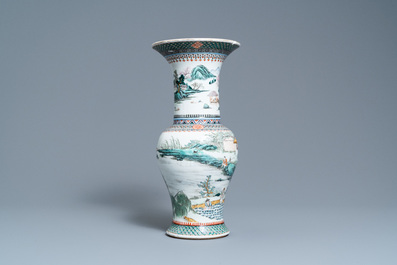 A Chinese famille verte 'yenyen' 'rice production' vase and a large blue and white 'peacock' dish, 19th C.