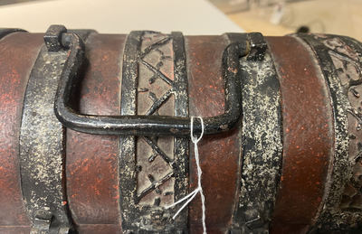 A partly red painted cast iron casket, France, 15th C.