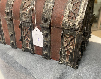 A partly red painted cast iron casket, France, 15th C.