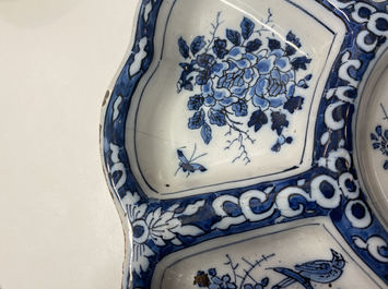 A lobed Dutch Delft blue and white spice dish with birds, late 17th C.