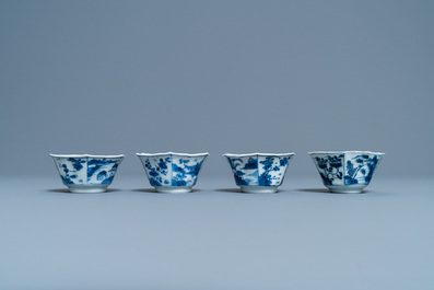 A pair of Chinese blue and white vases, a 'lotus' dish and four cups, Kangxi