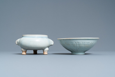 A Chinese junyao tripod censer and a qingbai 'lotus' bowl, Song