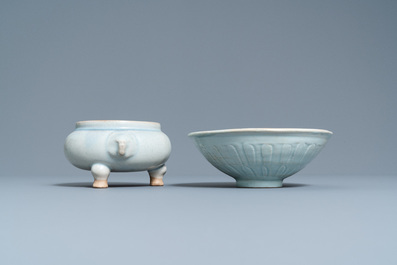 A Chinese junyao tripod censer and a qingbai 'lotus' bowl, Song