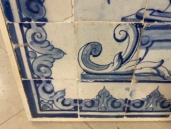 A blue and white Portuguese tile mural depicting an urn filled with flowers and fruits, 18th C.