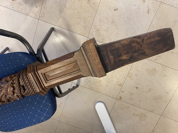 A mahogany boat mast with oak scrolls, France or Italy, 18th C.